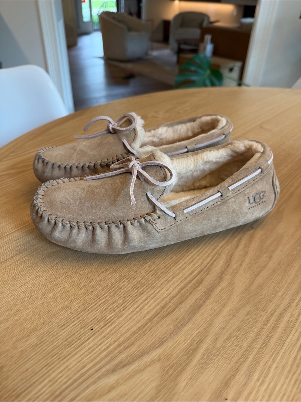 UGG Kids Chestnut Suede Moccasin Slippers with Shearling Trim